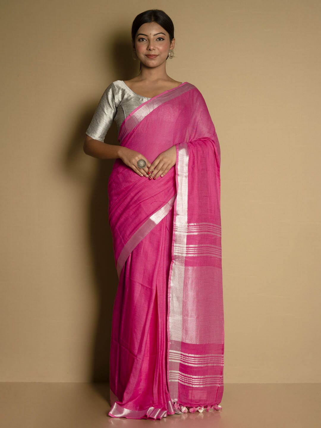 

SARIKA Zari Pure Linen Saree, Pink