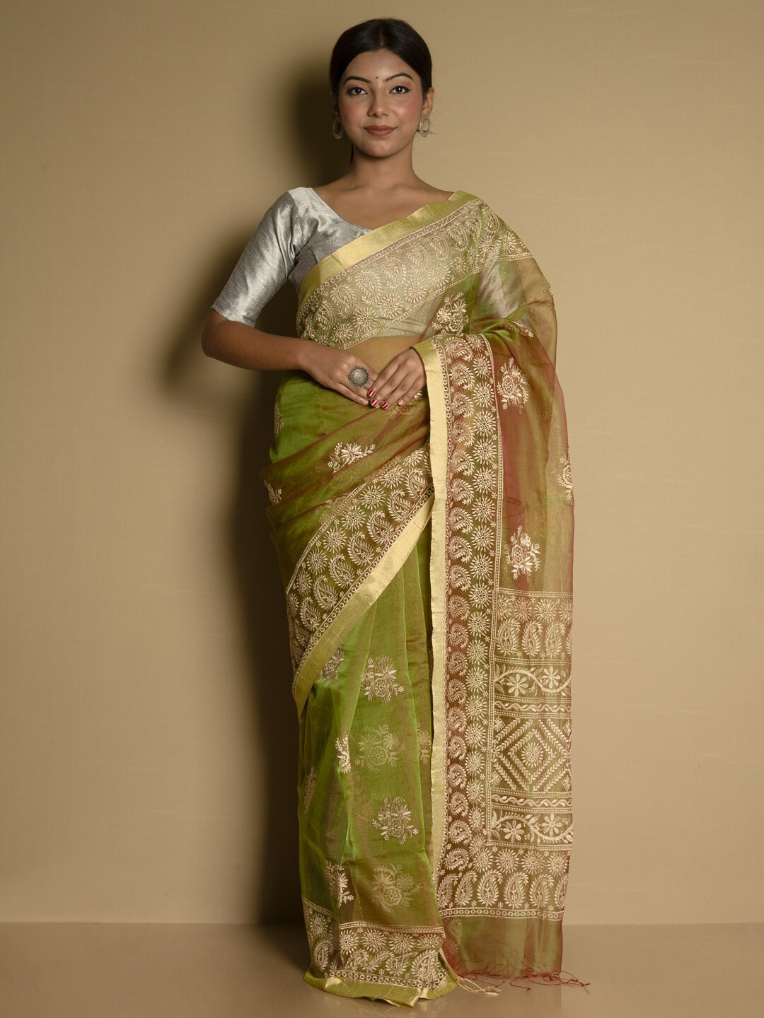 

SARIKA Floral Silk Cotton Saree, Green