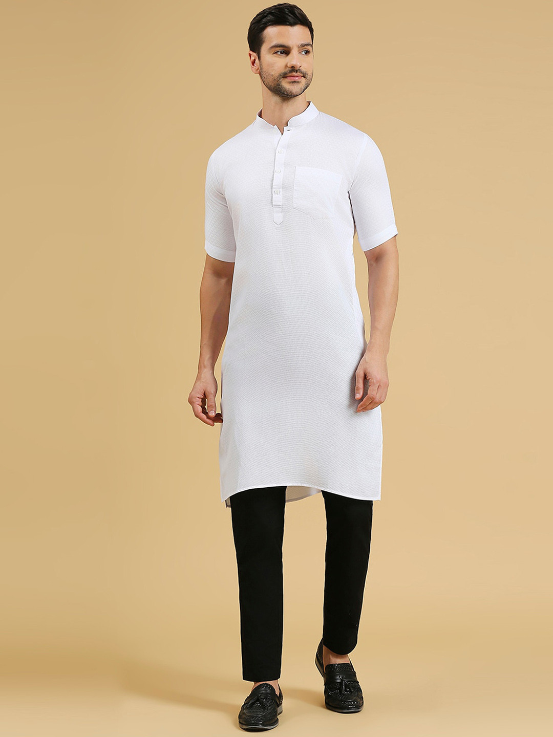 

RAJUBHAI HARGOVINDAS Geometric Woven Design Pure Cotton Straight Kurta, White