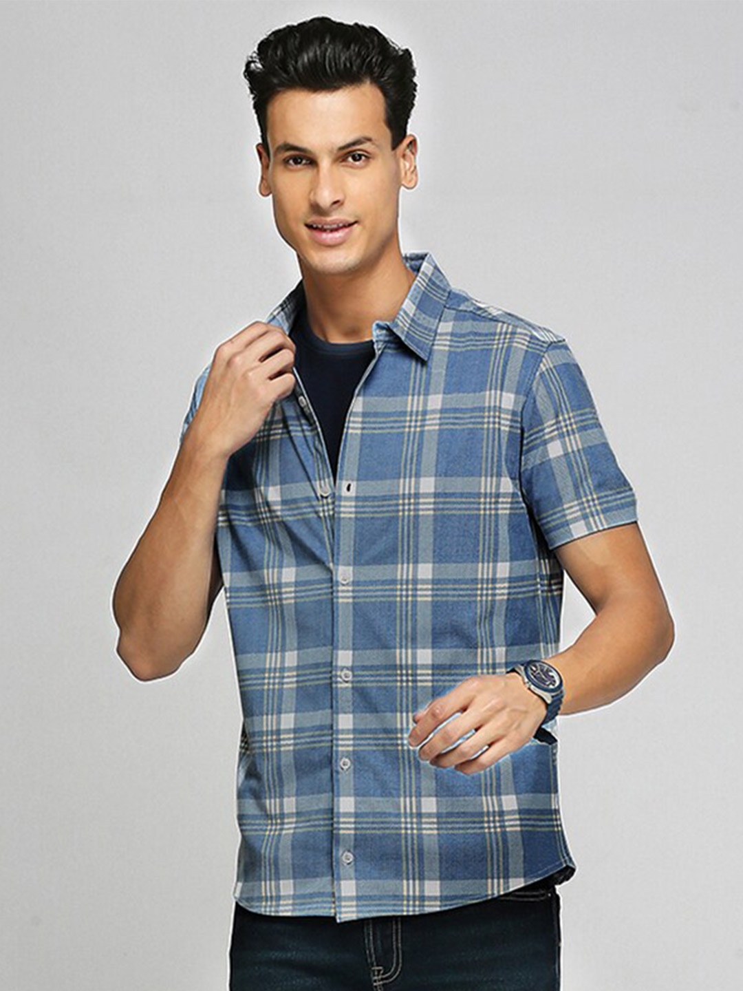 

Wear Your Opinion Checkered Washed Print Knitted Shirt, Navy blue