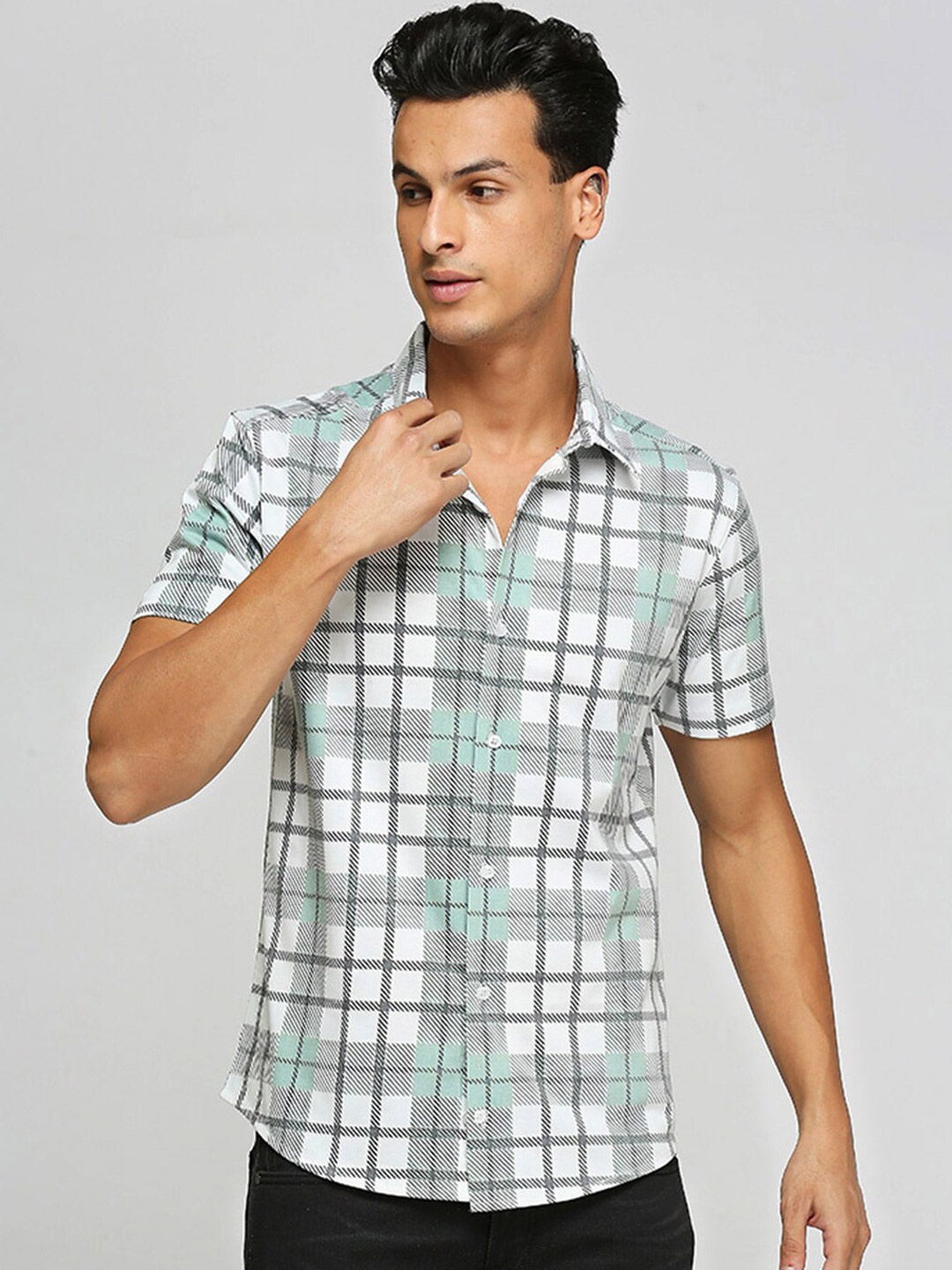 

Wear Your Opinion Checkered Washed Print Knitted Shirt, Green