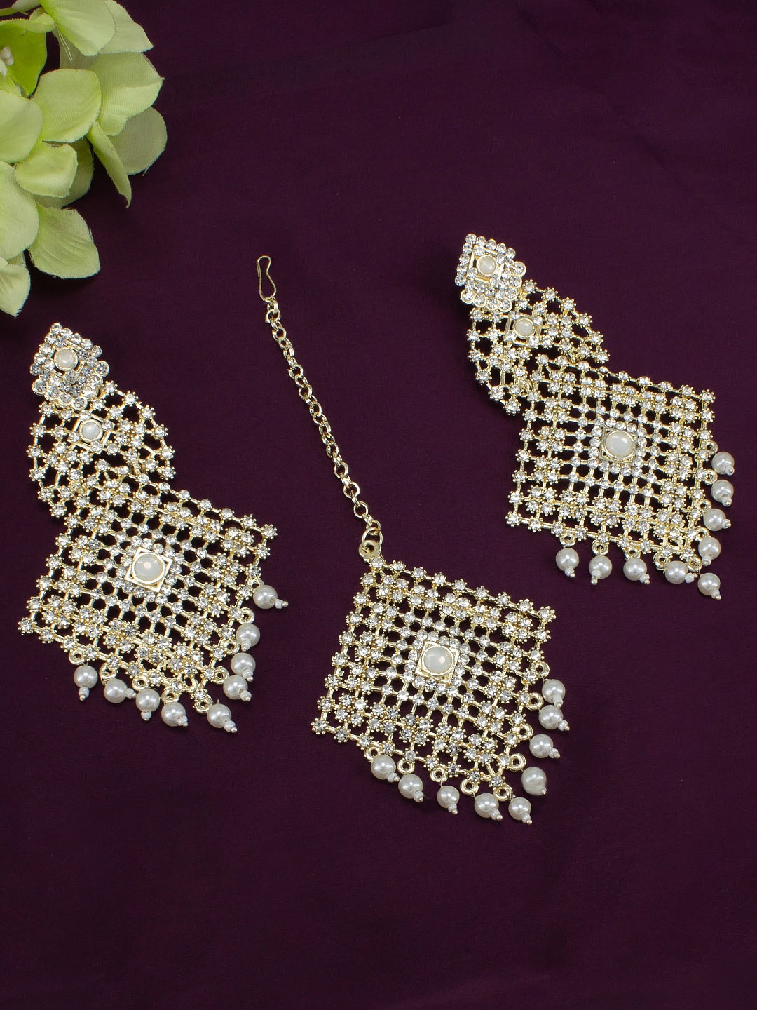 

PRIVIU Gold Plated & CZ Studded Earring with Maang Tikka Jewellery Set
