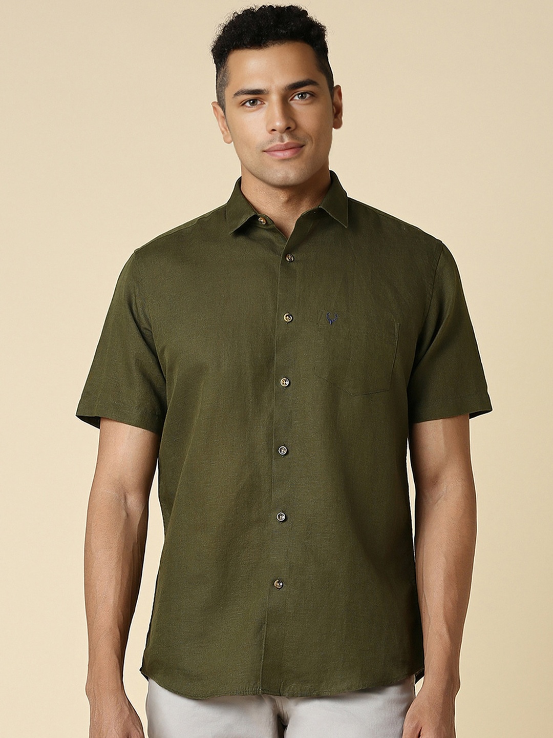 

Allen Solly Textured Self Design Spread Collar Slim Fit Casual Shirt, Olive