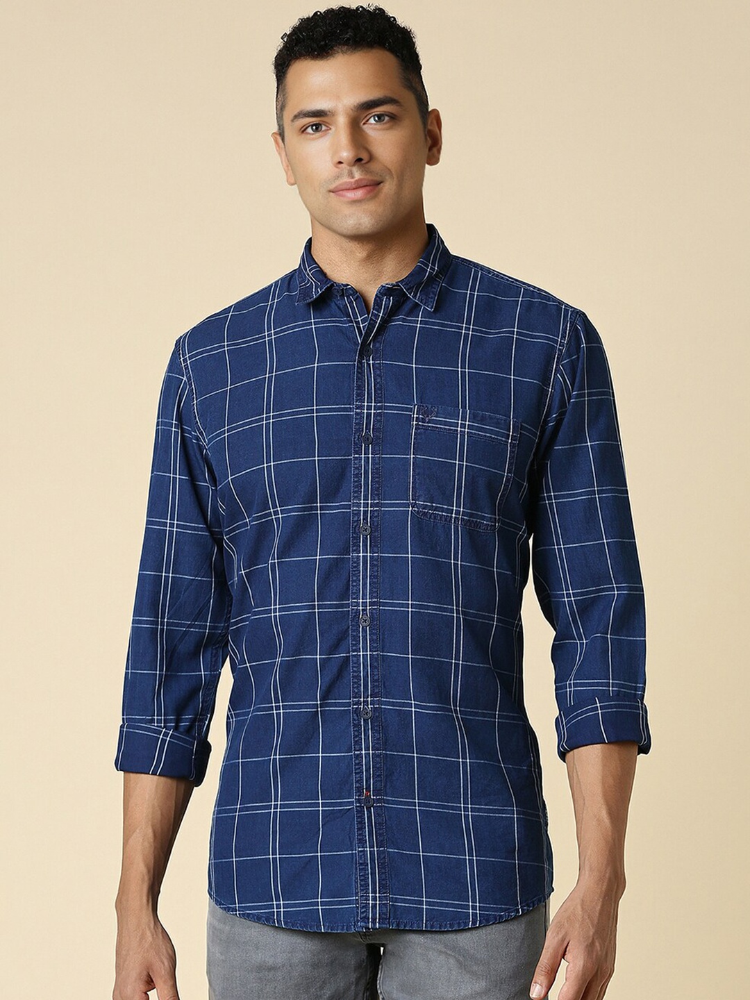 

Allen Solly Spread Collar Checked Cotton Casual Shirt, Blue