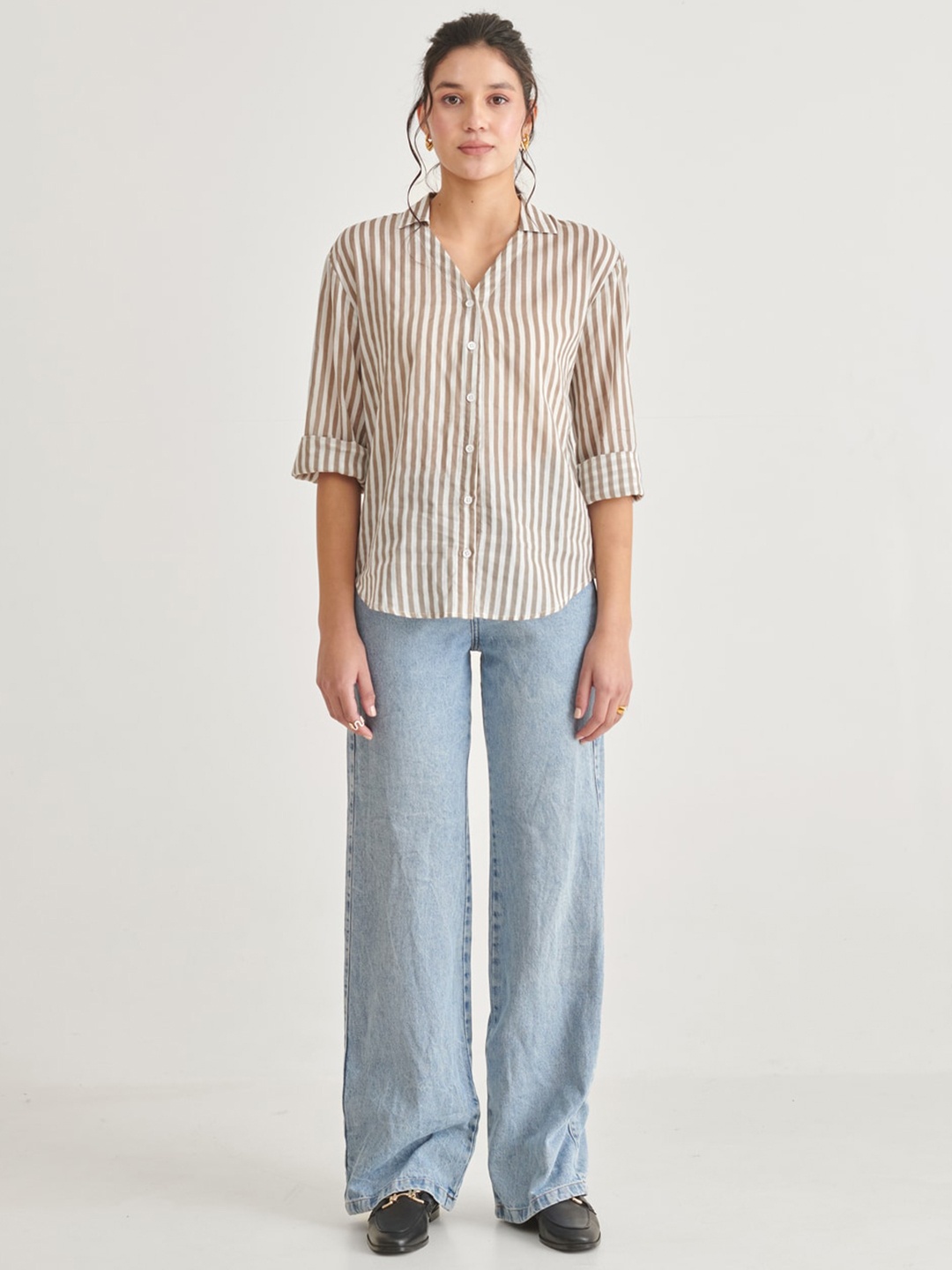 

Midsummer Striped Spread Collar Casual Shirt, Grey