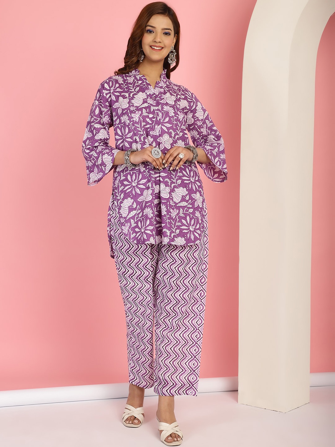 

TAG 7 Floral Printed Mandarin Collar Pure Cotton Top With Trouser, Purple