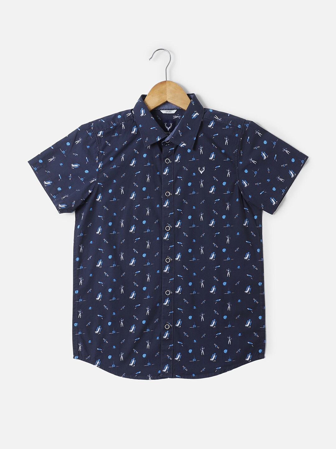 

Allen Solly Junior Boys Conversational Printed Spread Collar Cotton Casual Shirt, Navy blue