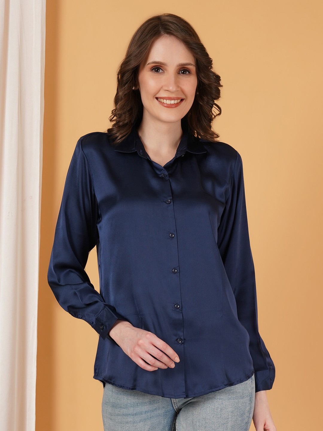 

Fbella Comfort Tailored Fit Satin Casual Shirt, Navy blue