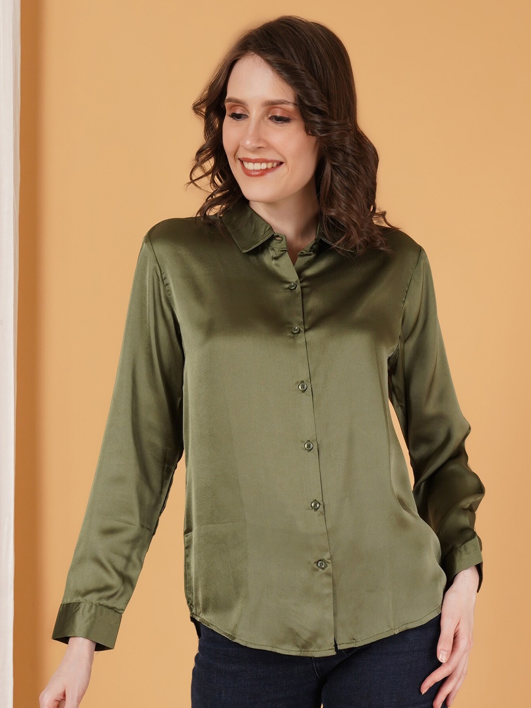 

Fbella Comfort Tailored Fit Satin Casual Shirt, Olive