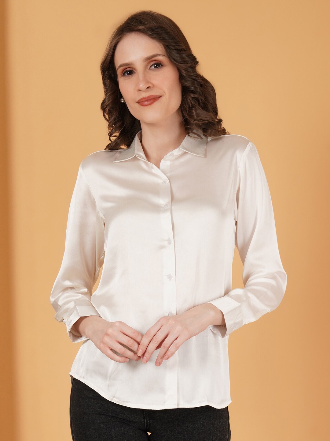 

Fbella Comfort Tailored Fit Satin Casual Shirt, White