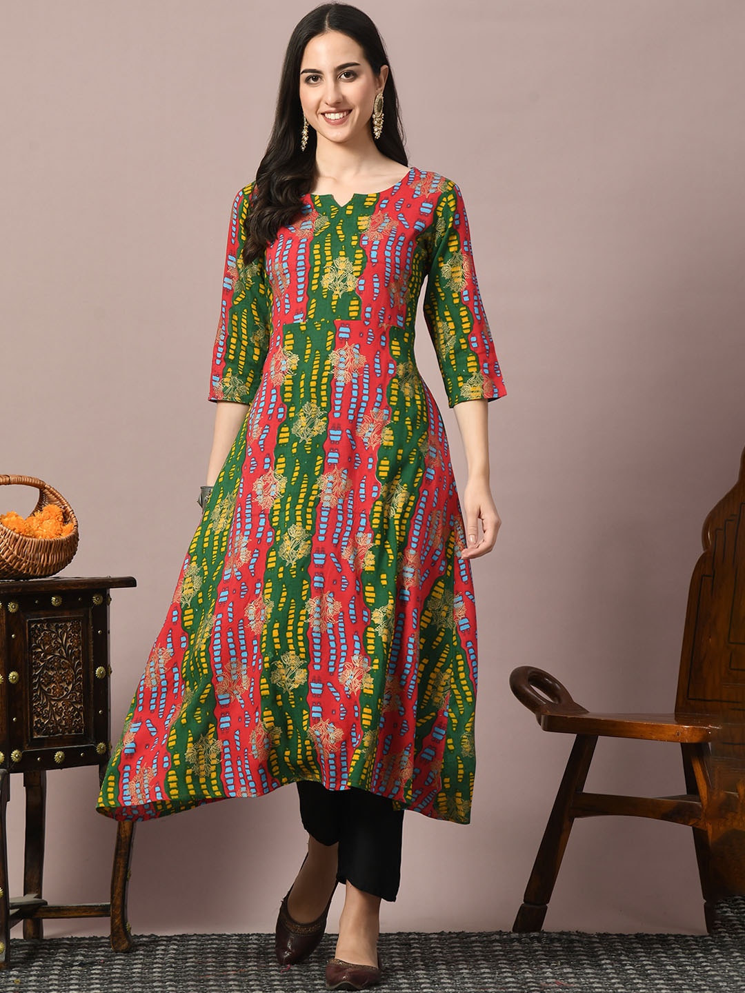 

GLOWWORLD Abstract Printed Round Neck A-Line Kurta, Green