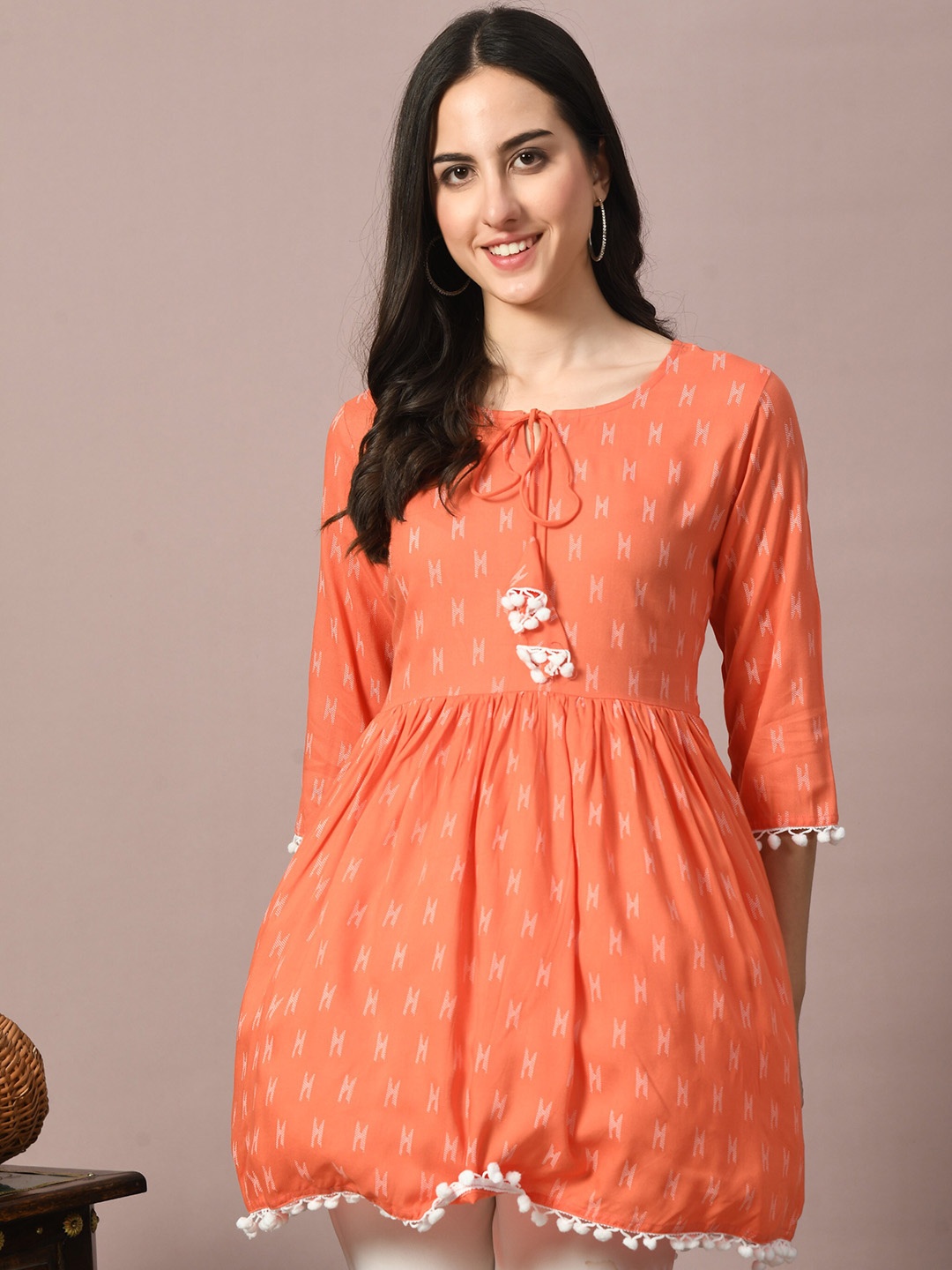 

GLOWWORLD Ethnic Motifs Printed Tie-Up Neck A-Line Kurta, Peach