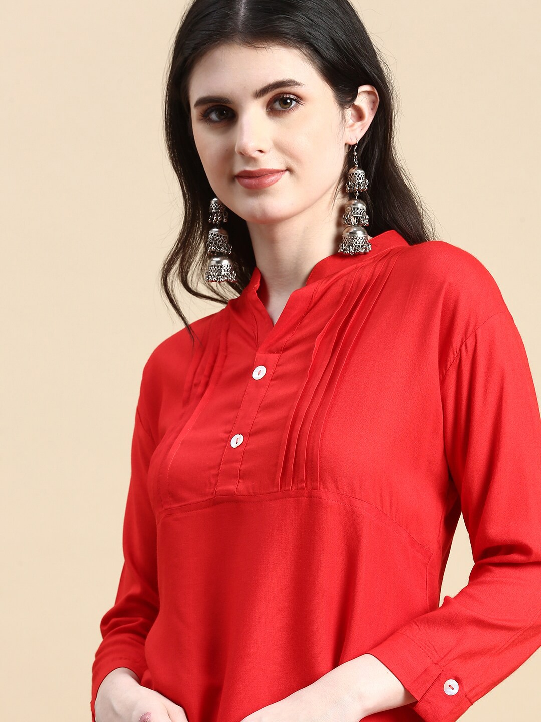 

GRANTH FASHION Mandarin Collar Shirt Style Top, Red