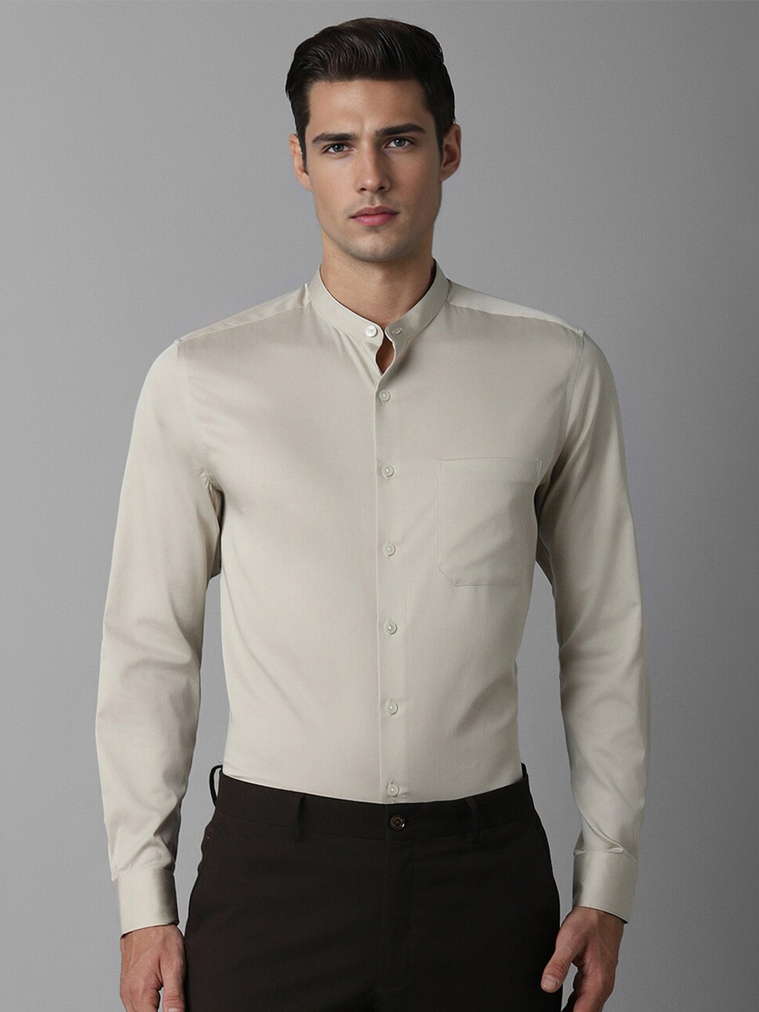 

Louis Philippe Slim Fit Band Collar Formal Shirt, Brown