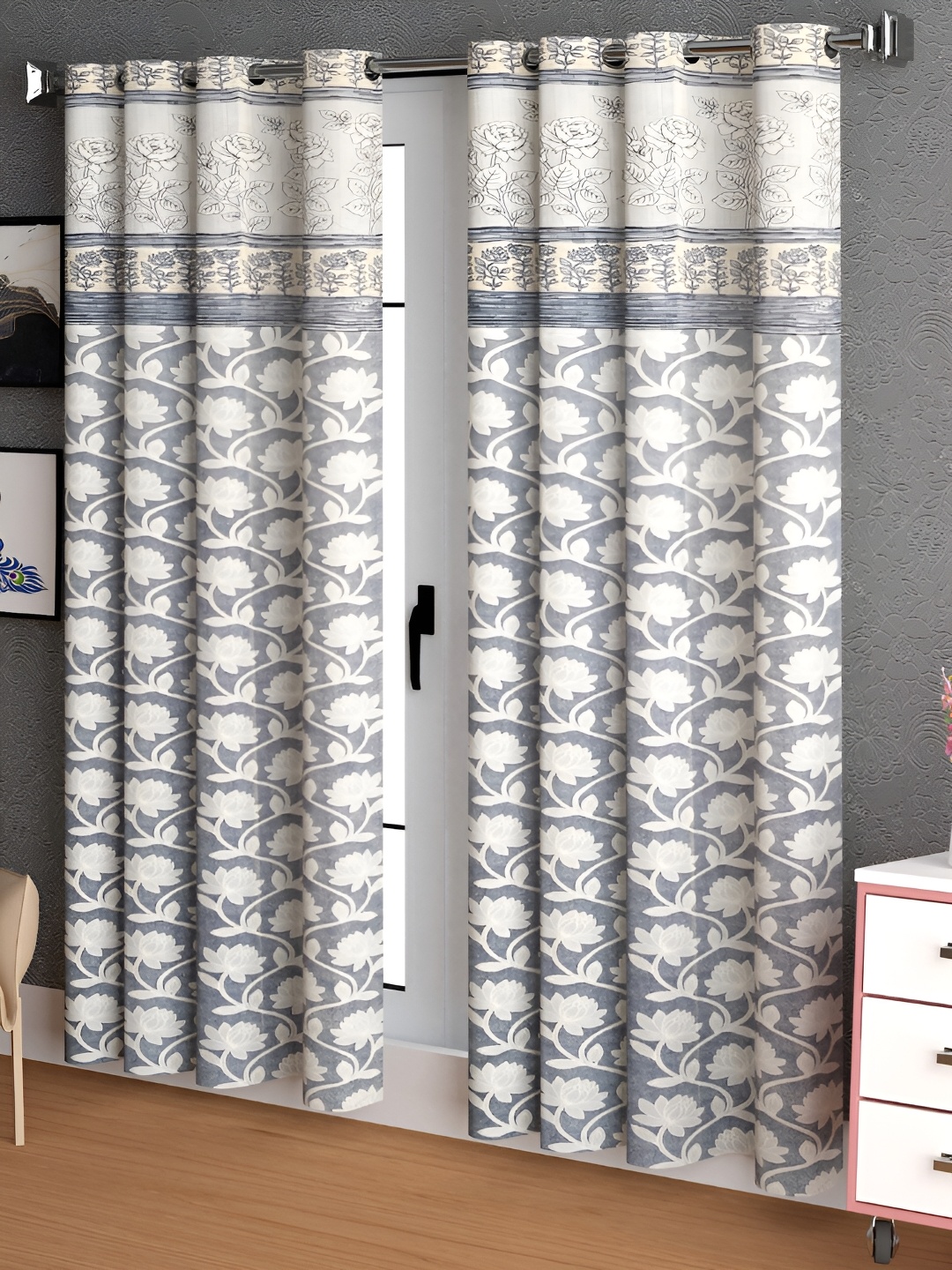 

Lunar Days Grey Floral 2 Pieces Room Darkening Long Door Curtains