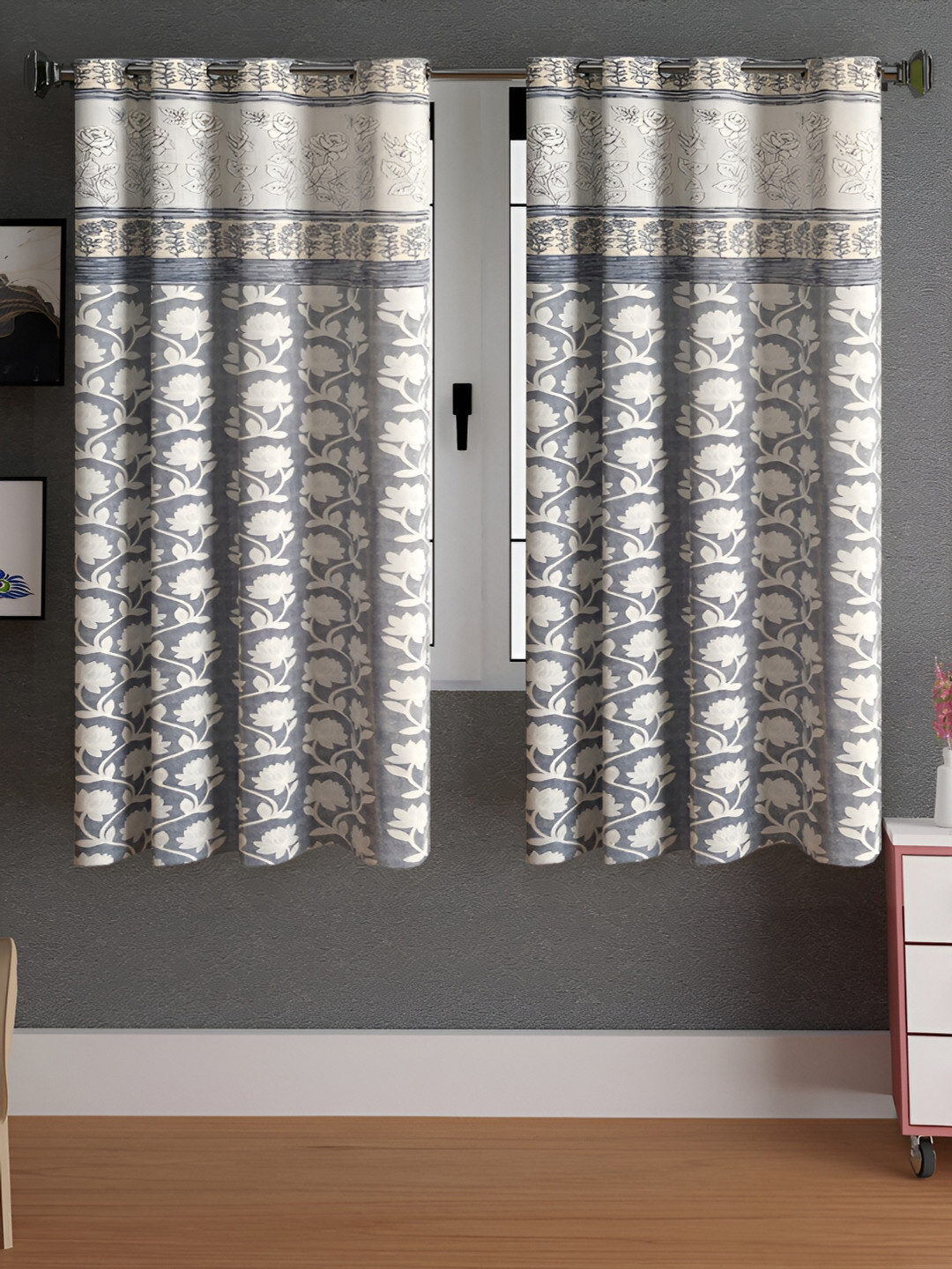 

Lunar Days Grey & White 2 Pieces Floral Printed Room Darkening Window Curtains