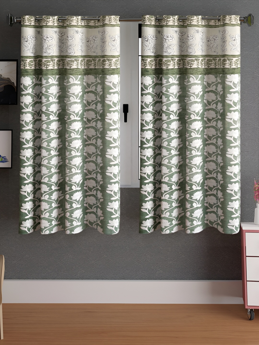 

Lunar Days Green & White 2 Pieces Floral Printed Room Darkening Window Curtains