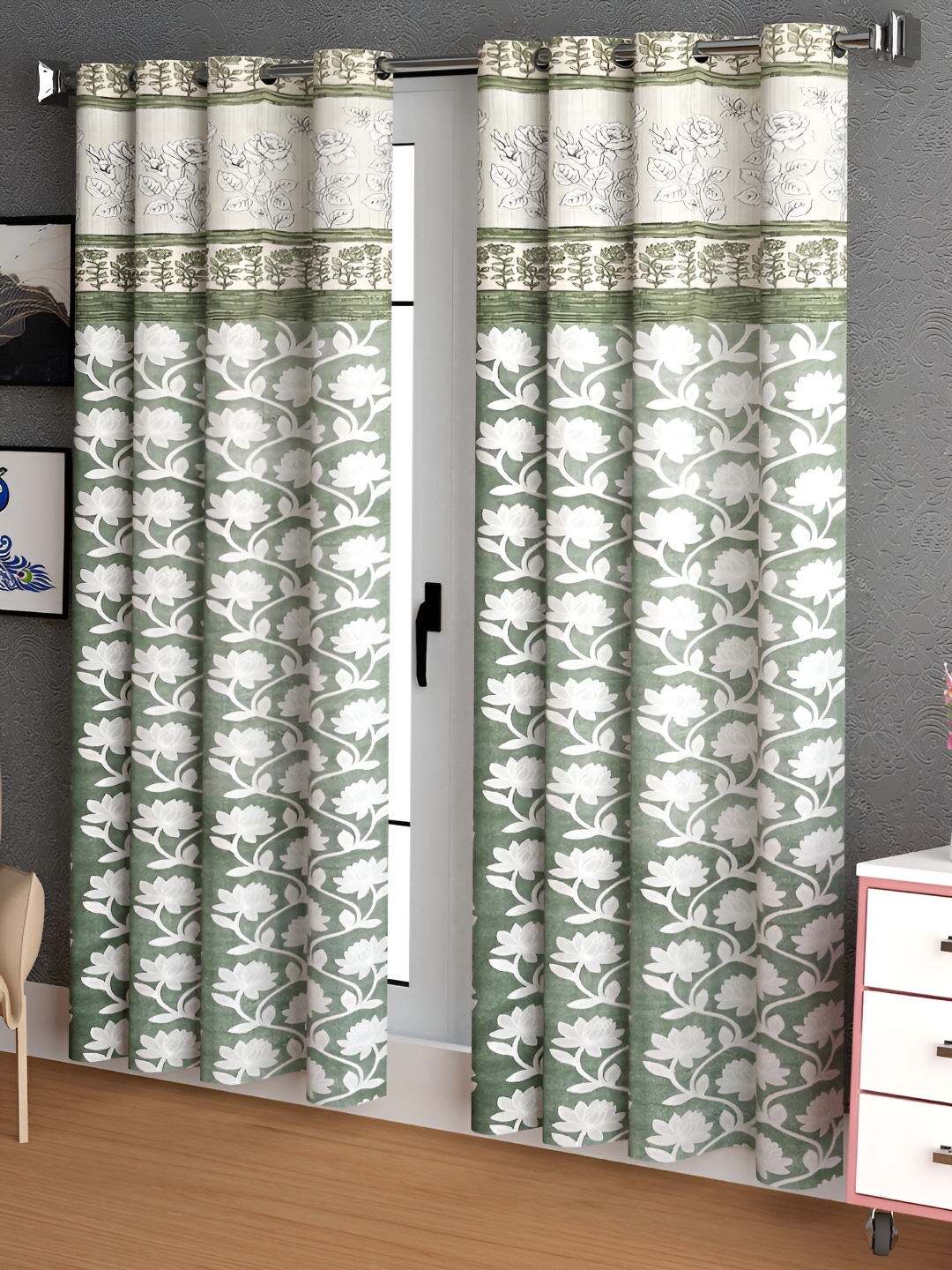 Lunar Days Green & White 2 Pieces Room Darkening Long Door Curtains