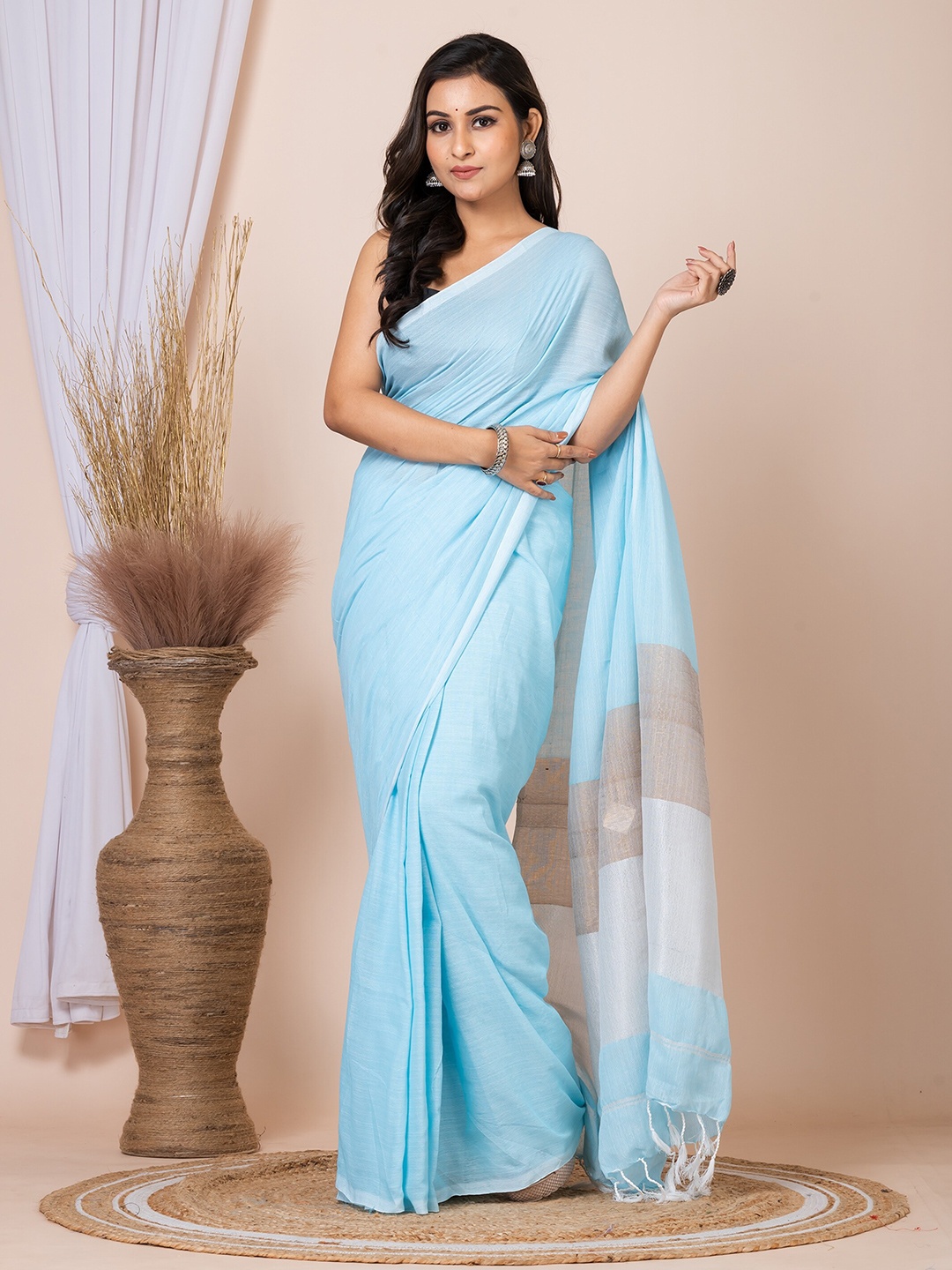 

Laa Calcutta Striped Border Saree, Blue