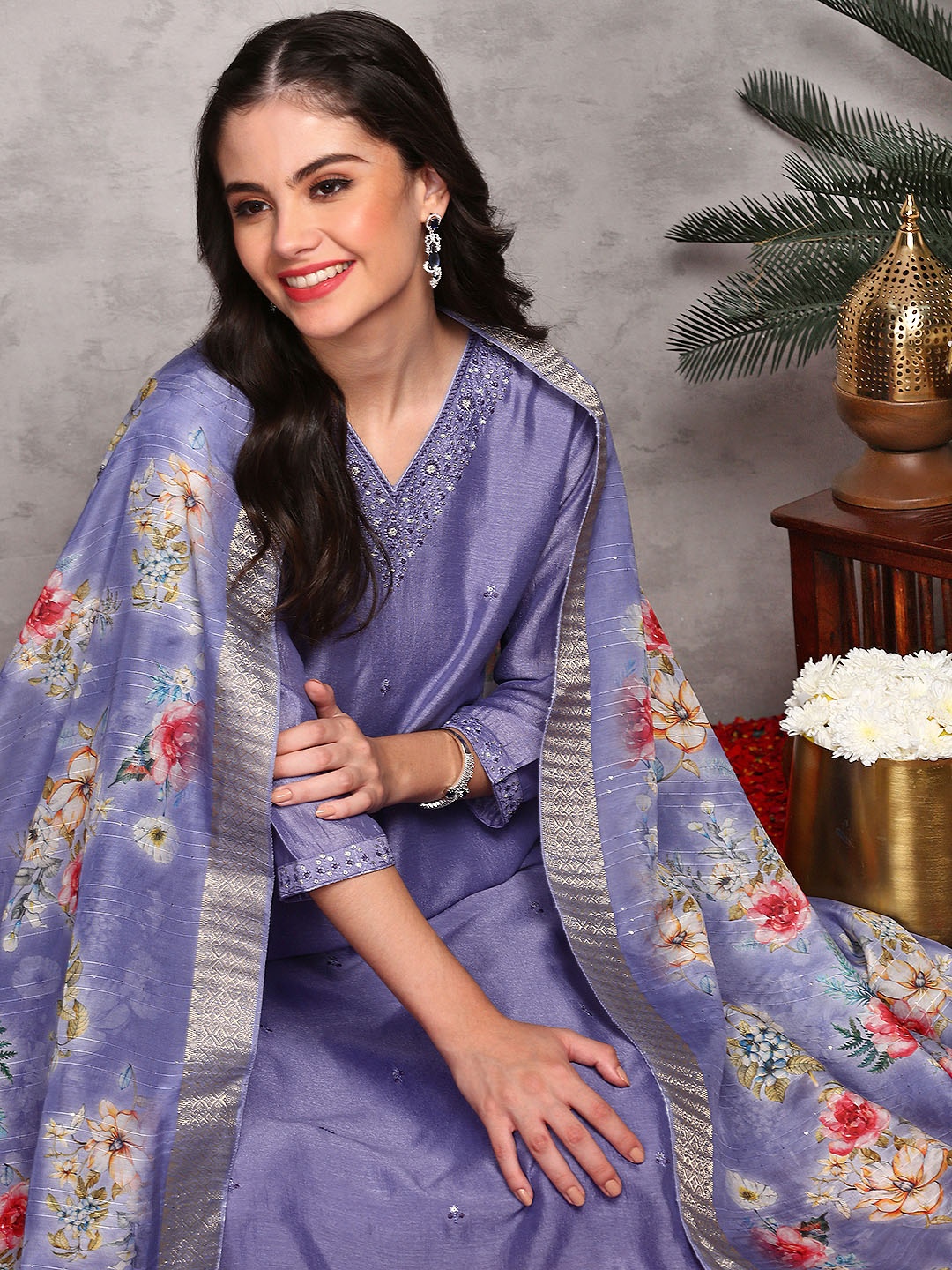 

Ishin Floral Embroidered V-Neck Three-Quarter Sleeves Kurta with Trousers & With Dupatta, Purple