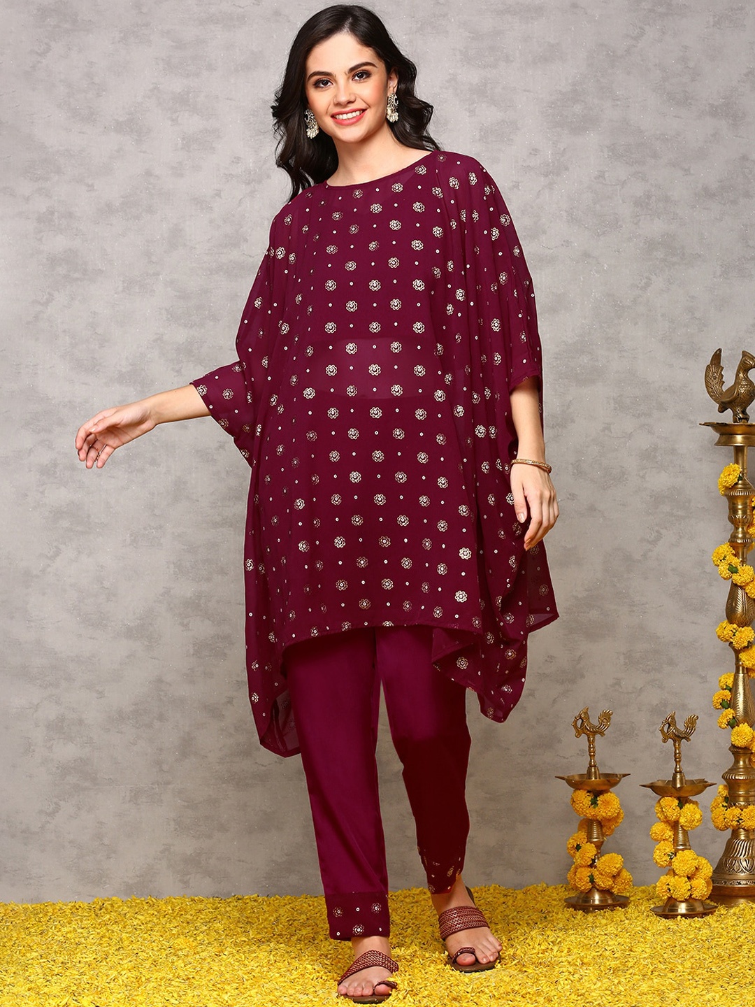 

Ishin Kimono Sleeves Kaftan Top & Trouser, Purple