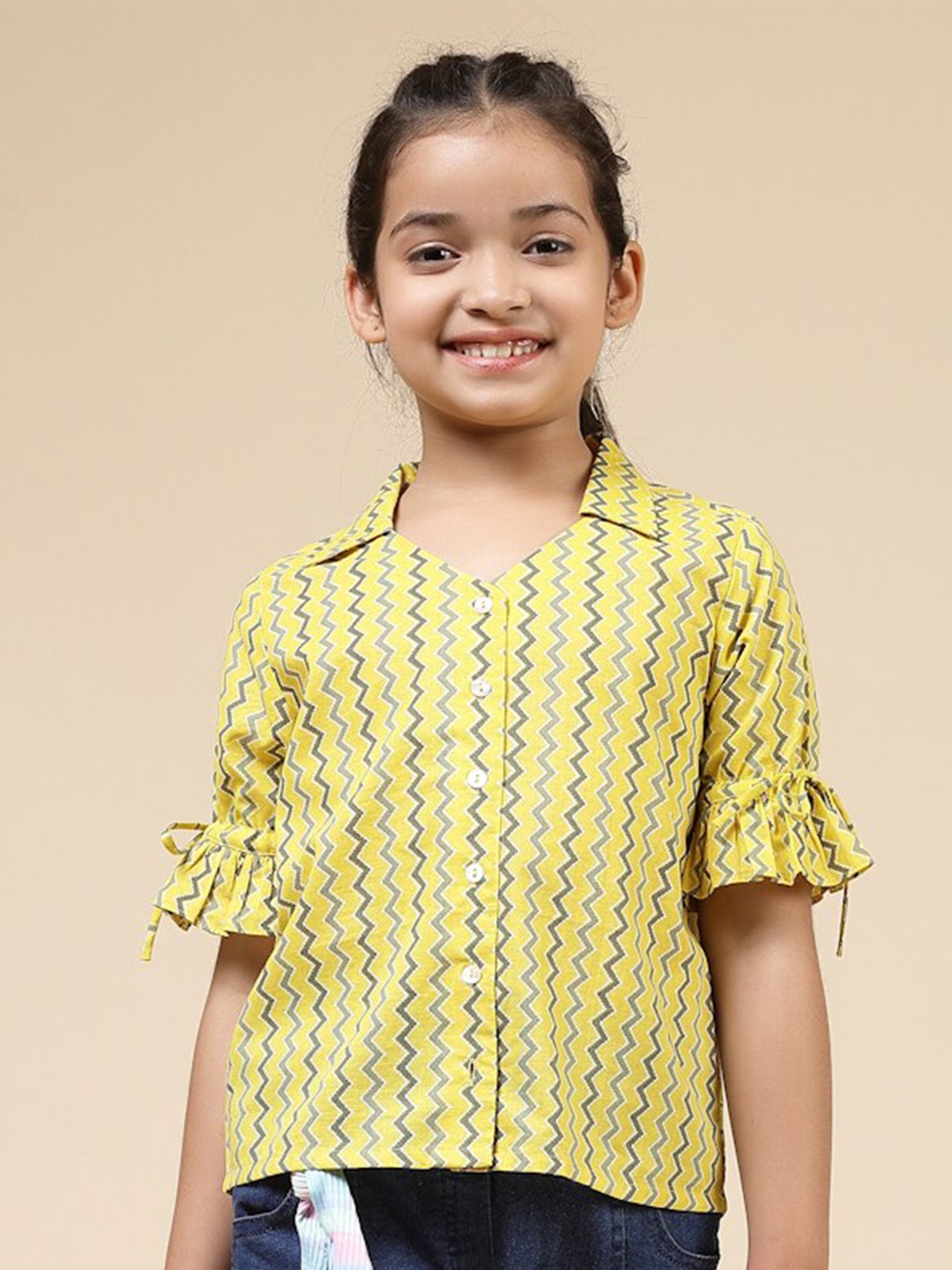 

BAESD Girls Geometric Printed Bell Sleeve Pure Cotton Shirt Style Top, Yellow