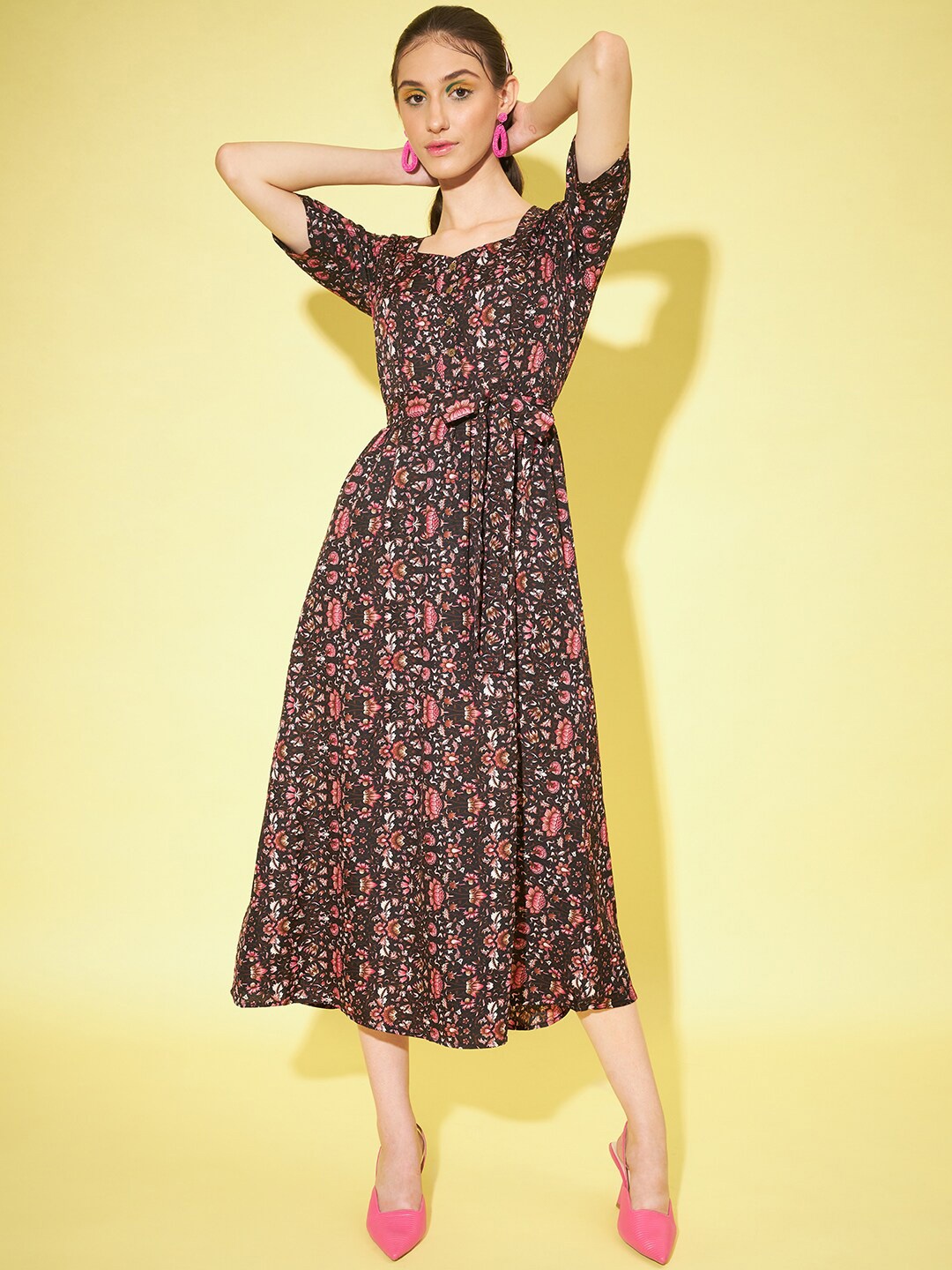 

Slenor Floral Printed Fit & Flare Midi Dress, Brown