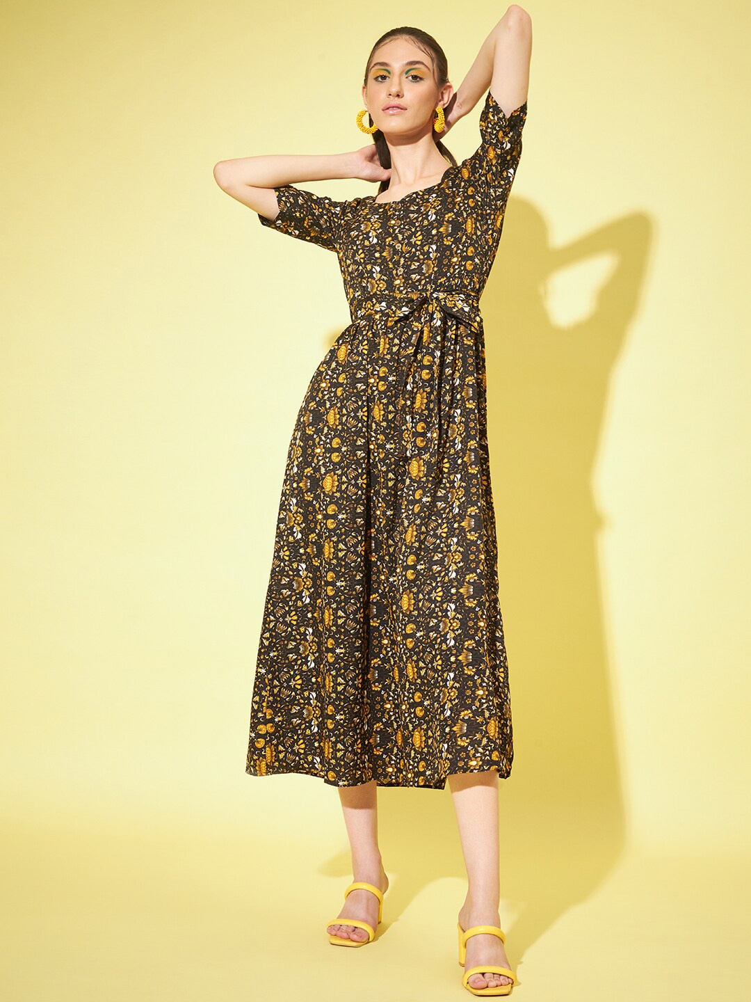 

Slenor Floral Printed Fit & Flare Midi Dress, Black