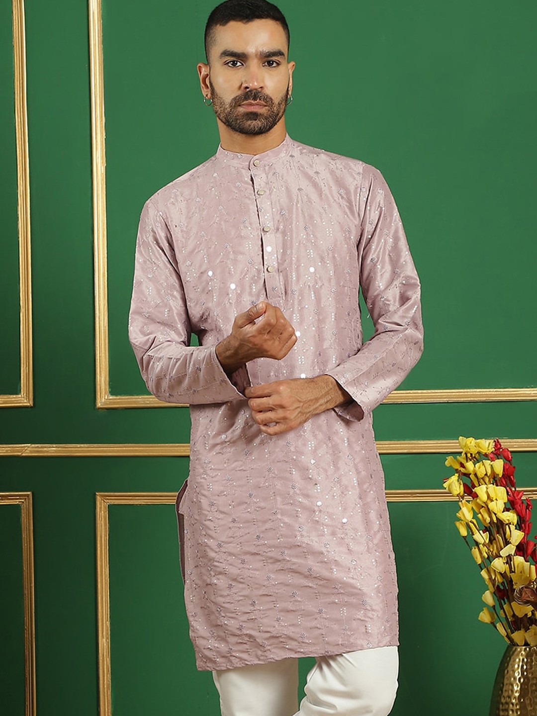 Anouk Purple Geometric Embroidered Band Collar Mirror Work Cotton Silk Straight Kurta