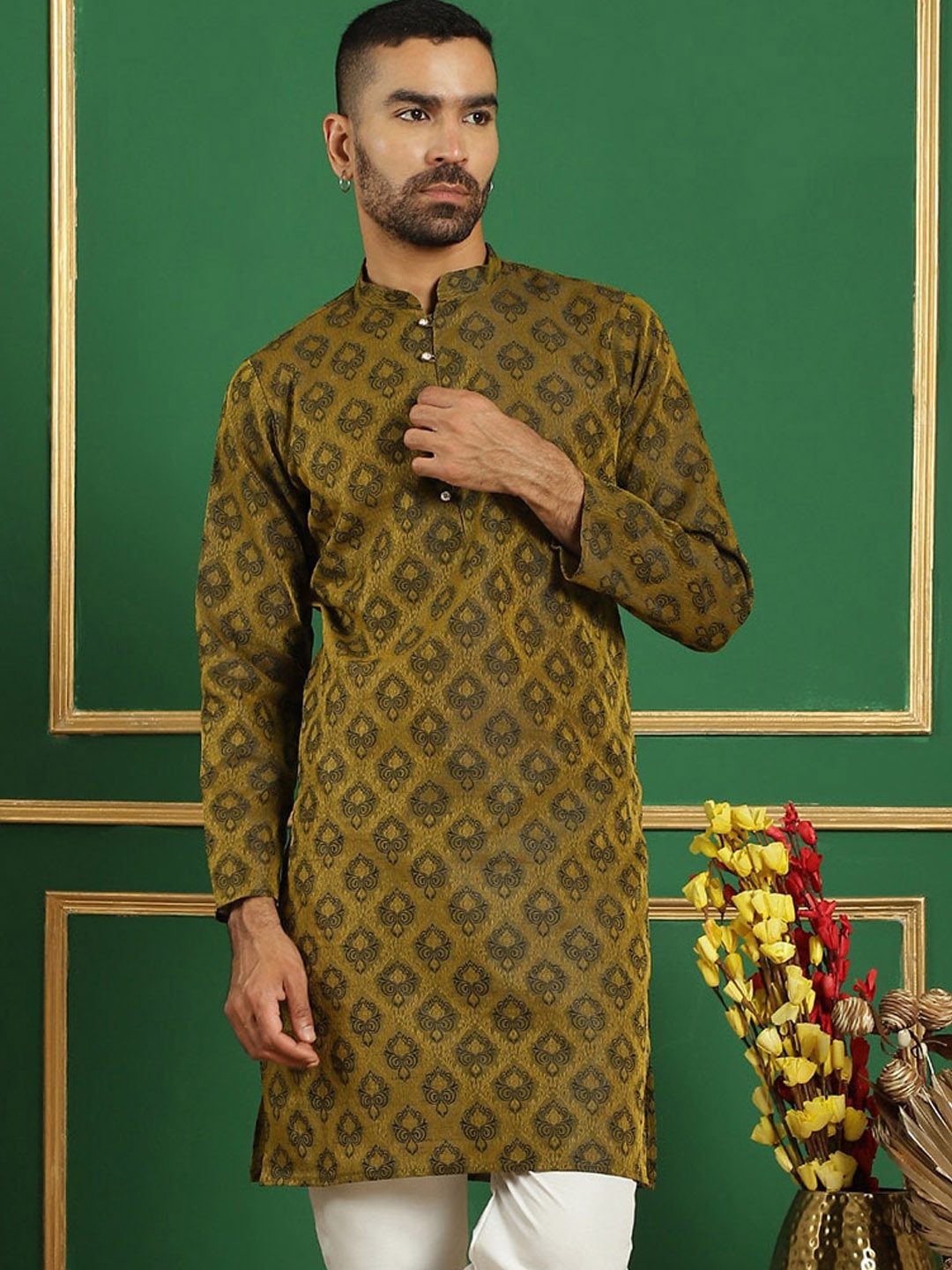 

Anouk Olive Green Ethnic Motifs Jacquard Woven Design Cotton Silk Straight Kurta