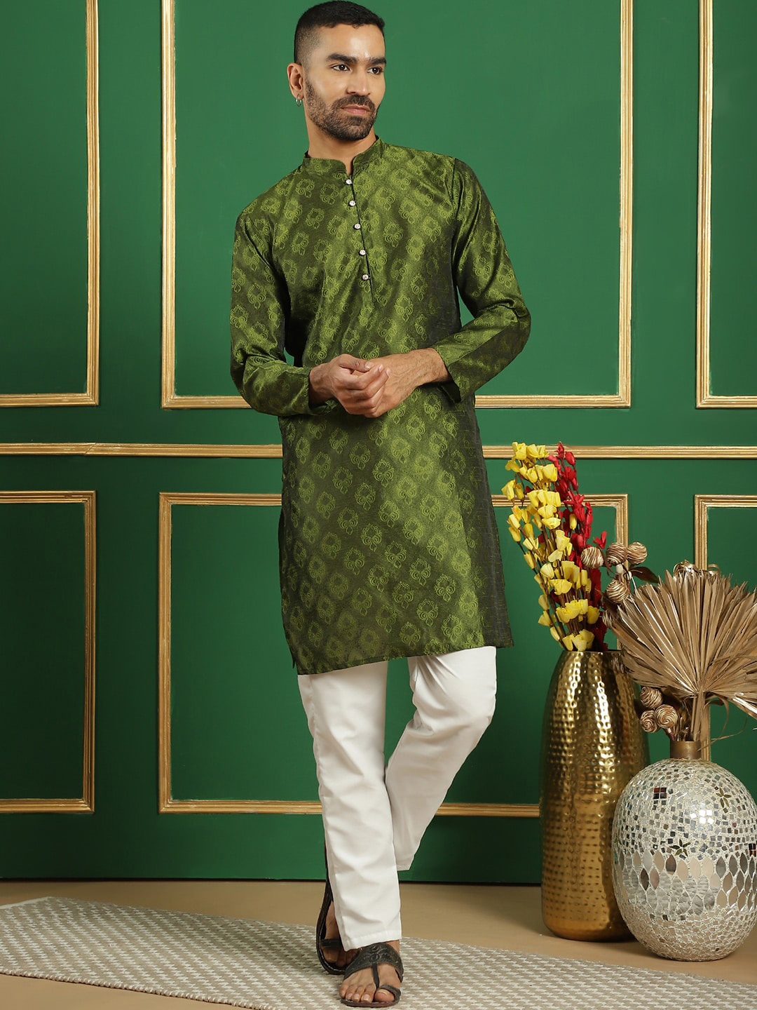 

Anouk Olive Green Ethnic Motifs Jacquard Woven Design Cotton Silk Straight Kurta