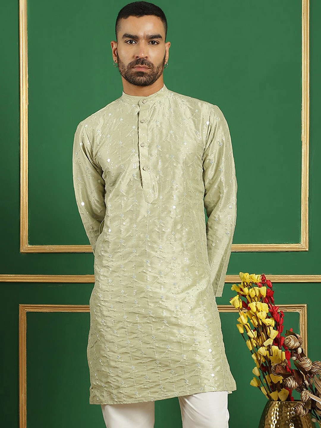 

Anouk Green Ethnic Motifs Embroidered Sequinned Detailed Cotton Silk Straight Kurta