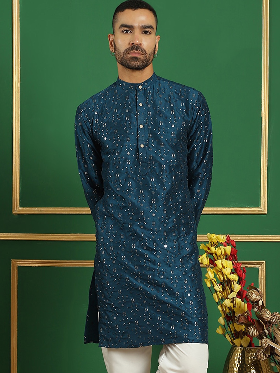 

Anouk Teal Blue Ethnic Motifs Embroidered Sequinned Detailed Cotton Silk Straight Kurta