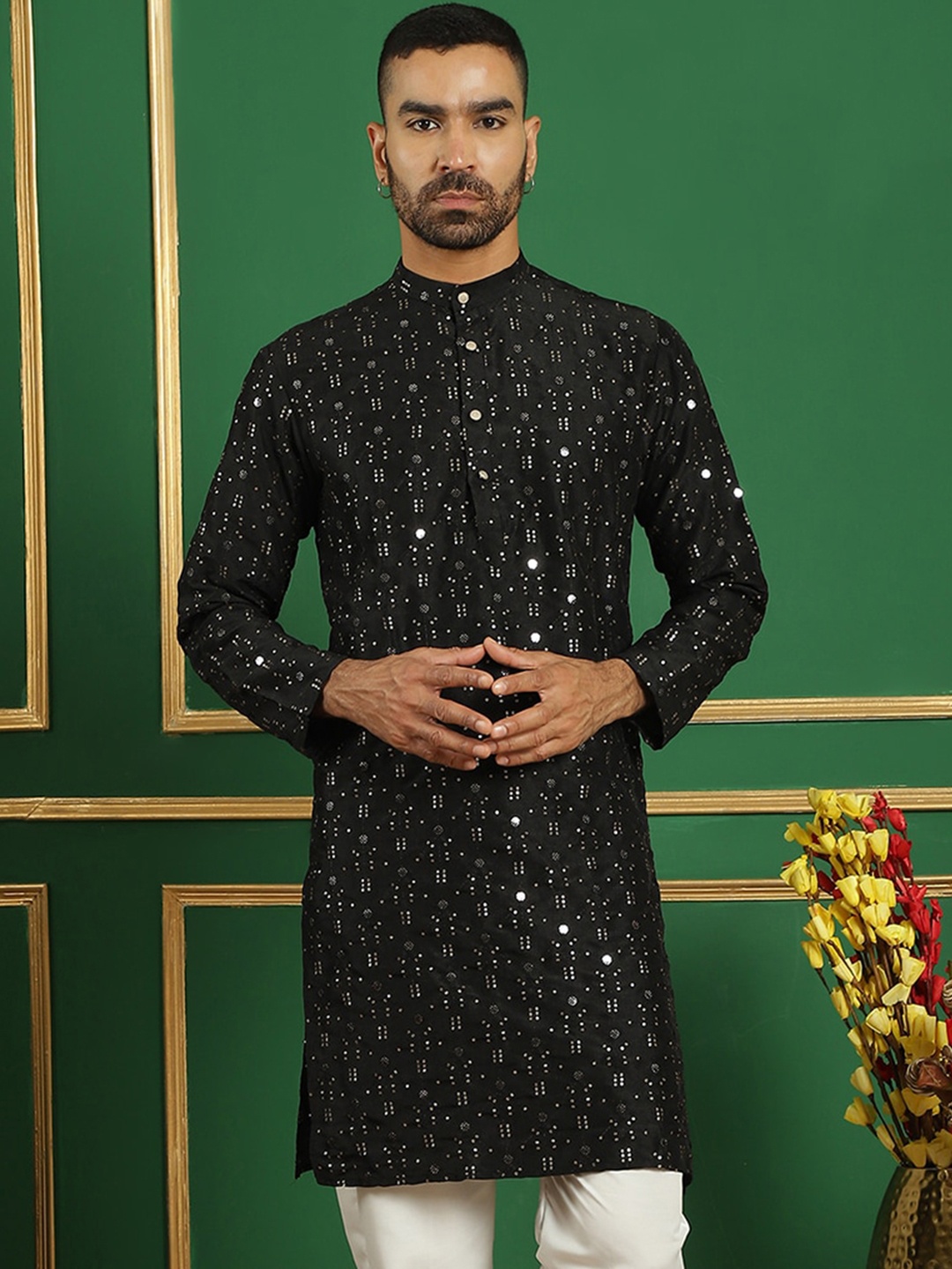 

Anouk Black Ethnic Motifs Embroidered Sequinned Detailed Cotton Silk Straight Kurta