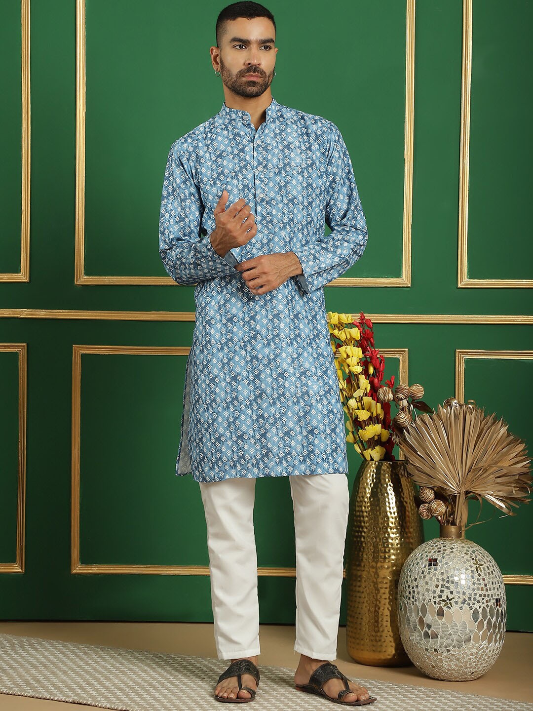 

Anouk Blue Ethnic Motifs Printed Sequinned Detailed Pure Cotton Straight Kurta