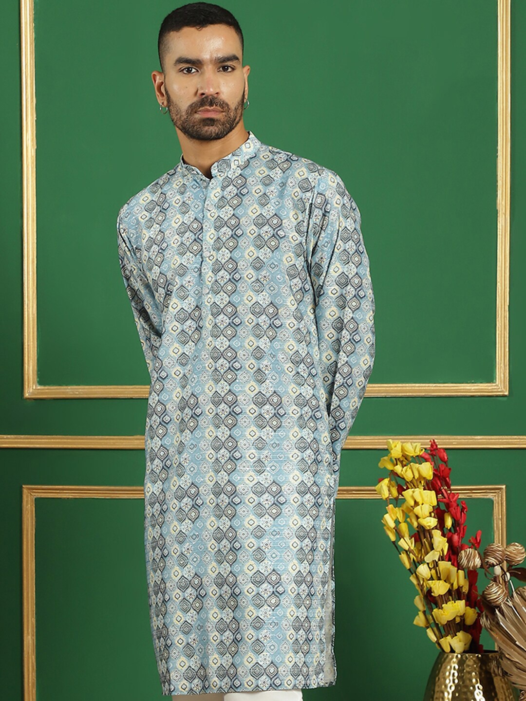 

Anouk Blue Ethnic Motifs Printed Sequinned Detailed Pure Cotton Straight Kurta