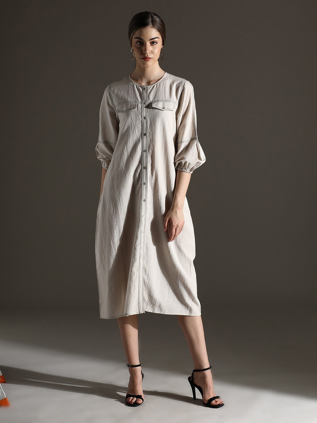 

Dora Dori Solid Cotton Linen Round Neck Thread Work Puff Sleeves Dress, Off white