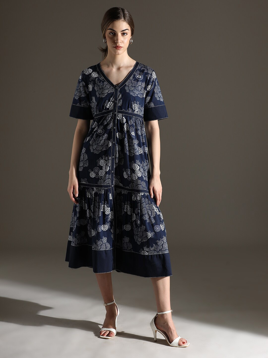 

Dora Dori Floral Pure Cotton Printed V-Neck Thread Work Cuffed Sleeves Dress, Navy blue