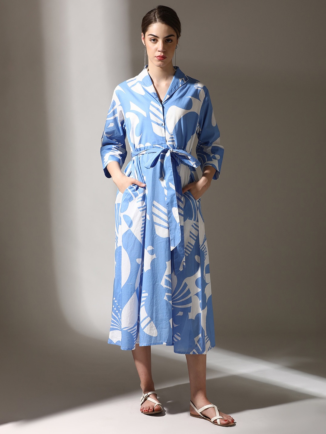 

Dora Dori Relaxed Fit Abstract Printed Pure Cotton Shirt Collar Cuffed Sleeves Dress, Blue