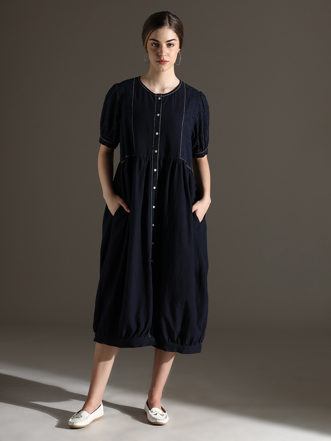 

Dora Dori Relaxed Fit Embroidered Round Neck Cuffed Sleeves Dress, Navy blue