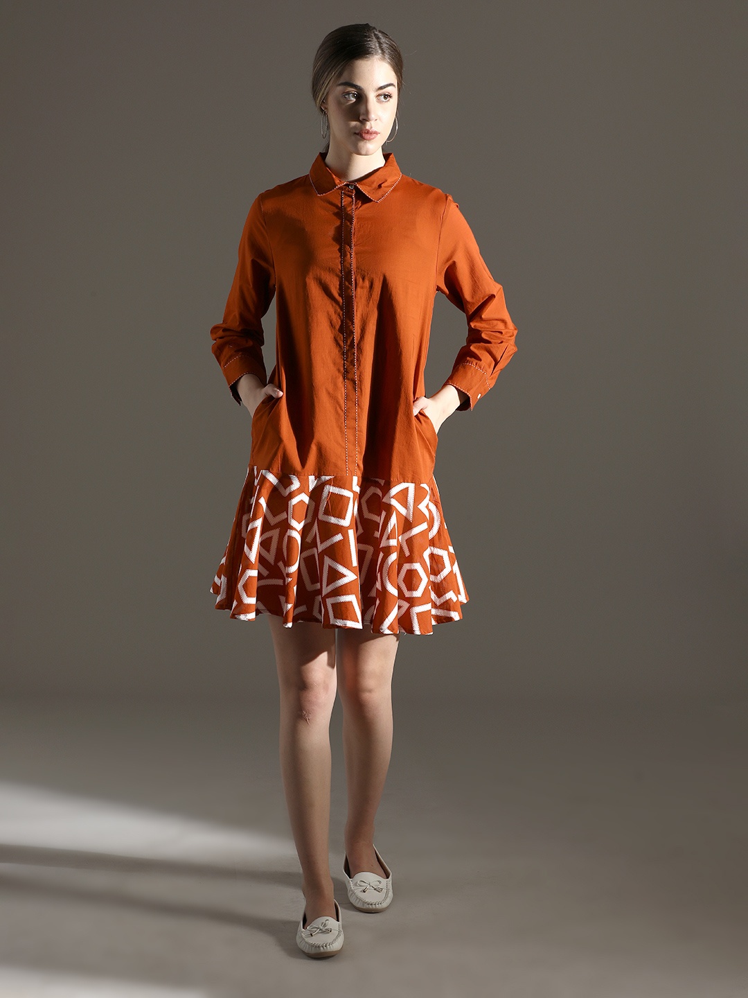 

Dora Dori Cotton Abstract Print Dress with Cuff Sleeves and Shirt Collar, Rust