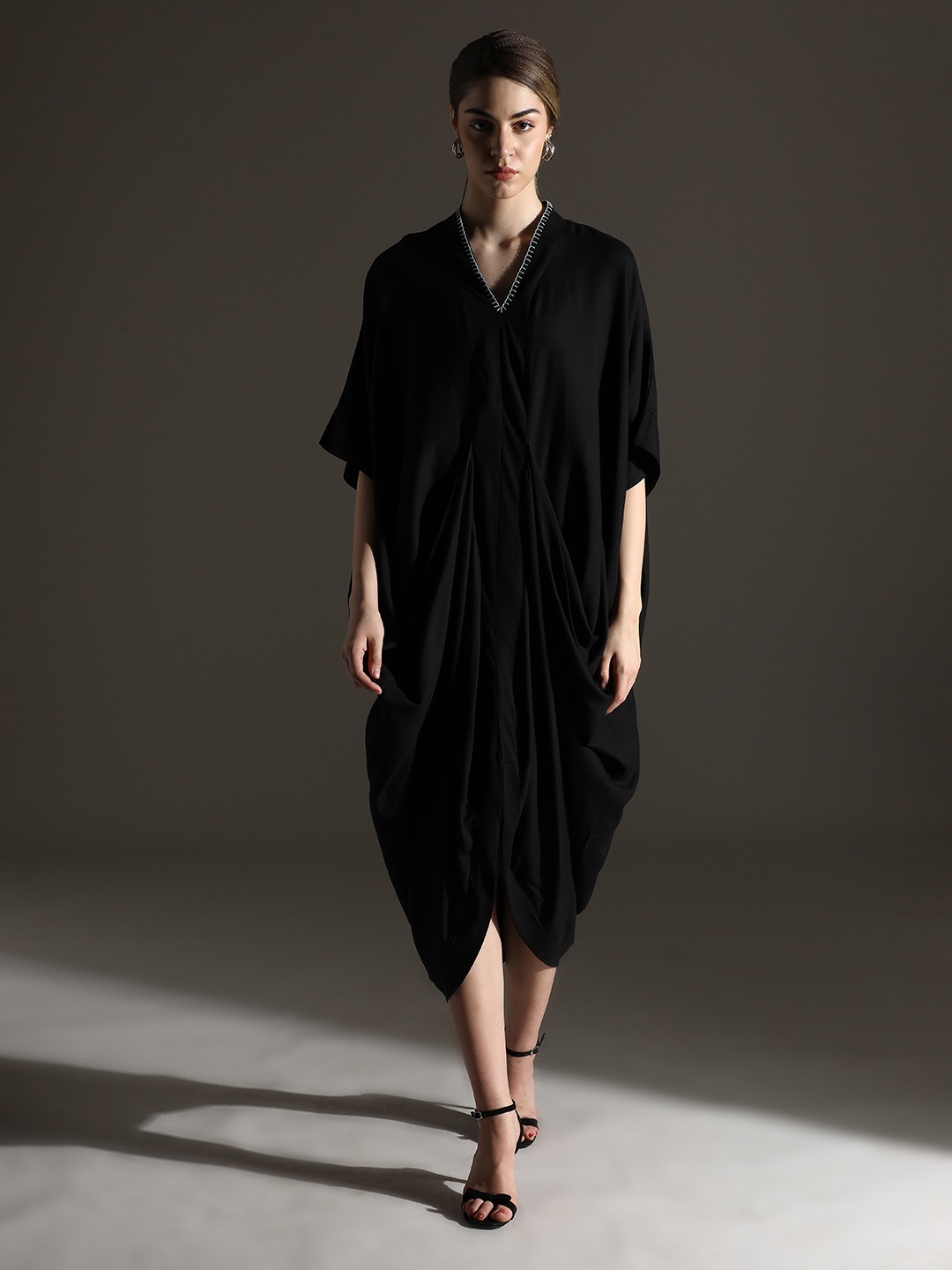 

Dora Dori Relaxed Fit Solid V-Neck Hand Work Cowl Dress with Hand Work, Black