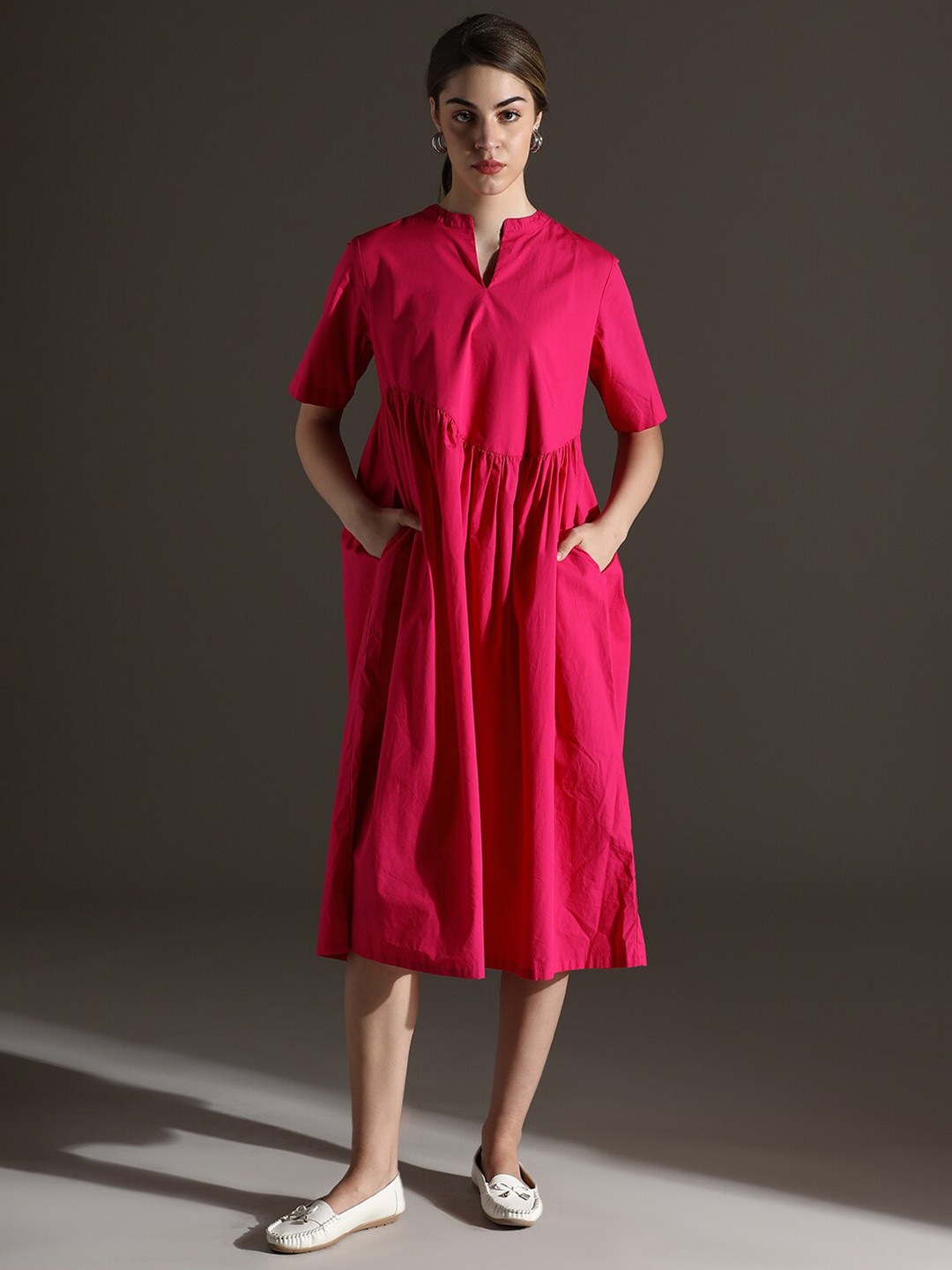 

Dora Dori Relaxed Fit Solid Mandarin Collar Dress, Fuchsia