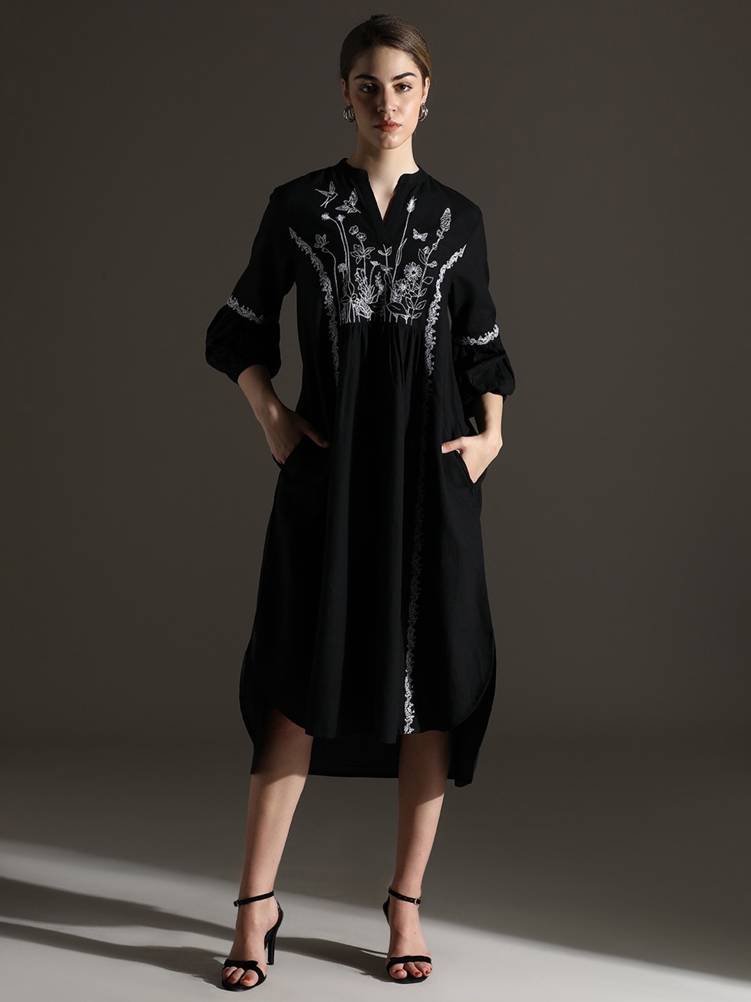 

Dora Dori Relaxed Fit Embroidered Mandarin Collar High Low Hem Dress, Black