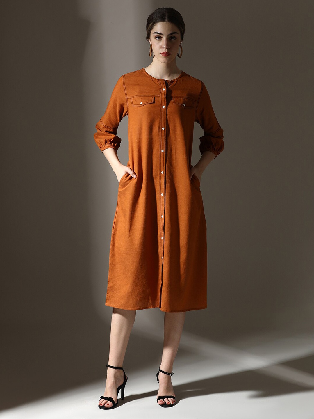 

Dora Dori Solid Round Neck Thread Work Puff Sleeves Dress, Rust