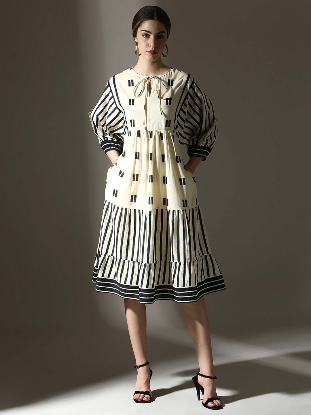 

Dora Dori Relaxed Fit Striped Pure Cotton Round Neck Kimono Sleeves Dress, Beige