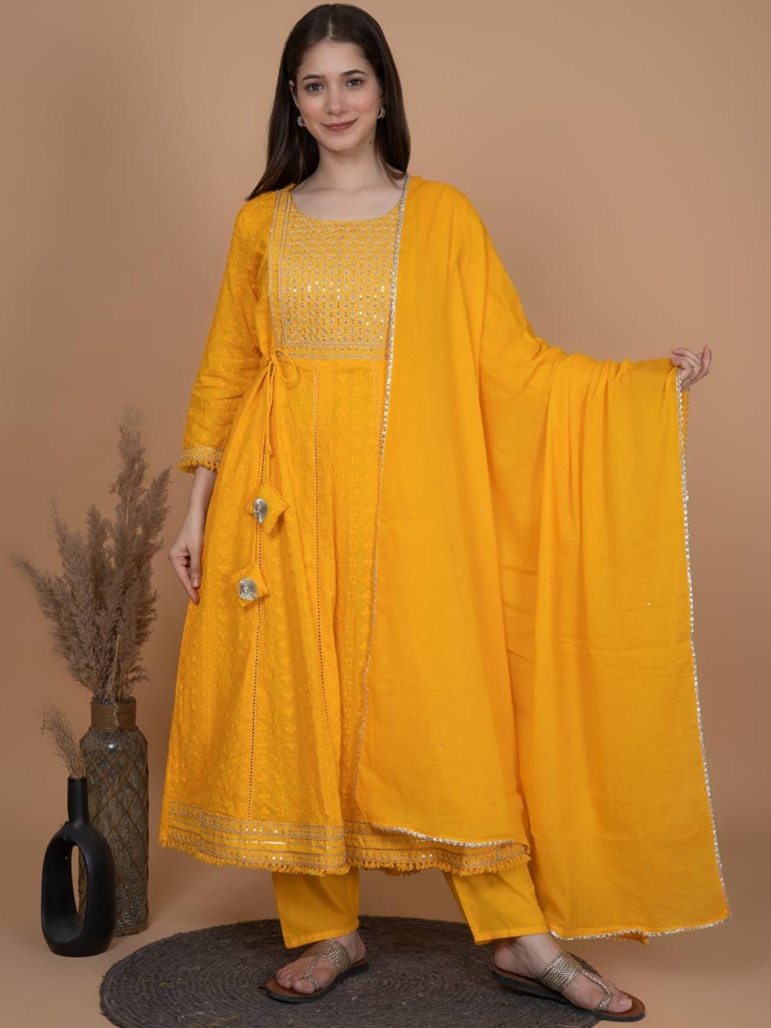 

PARTHVI Floral Printed Silk Chiffon Anarkali Kurta & Palazzos With Dupatta, Yellow
