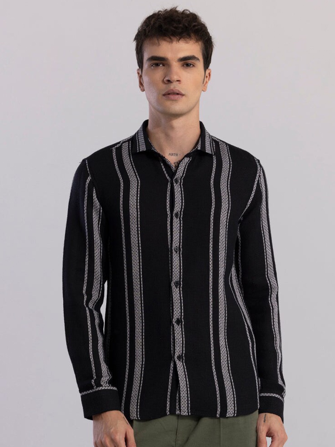 

Snitch Classic Slim Fit Striped Casual Shirt, Black