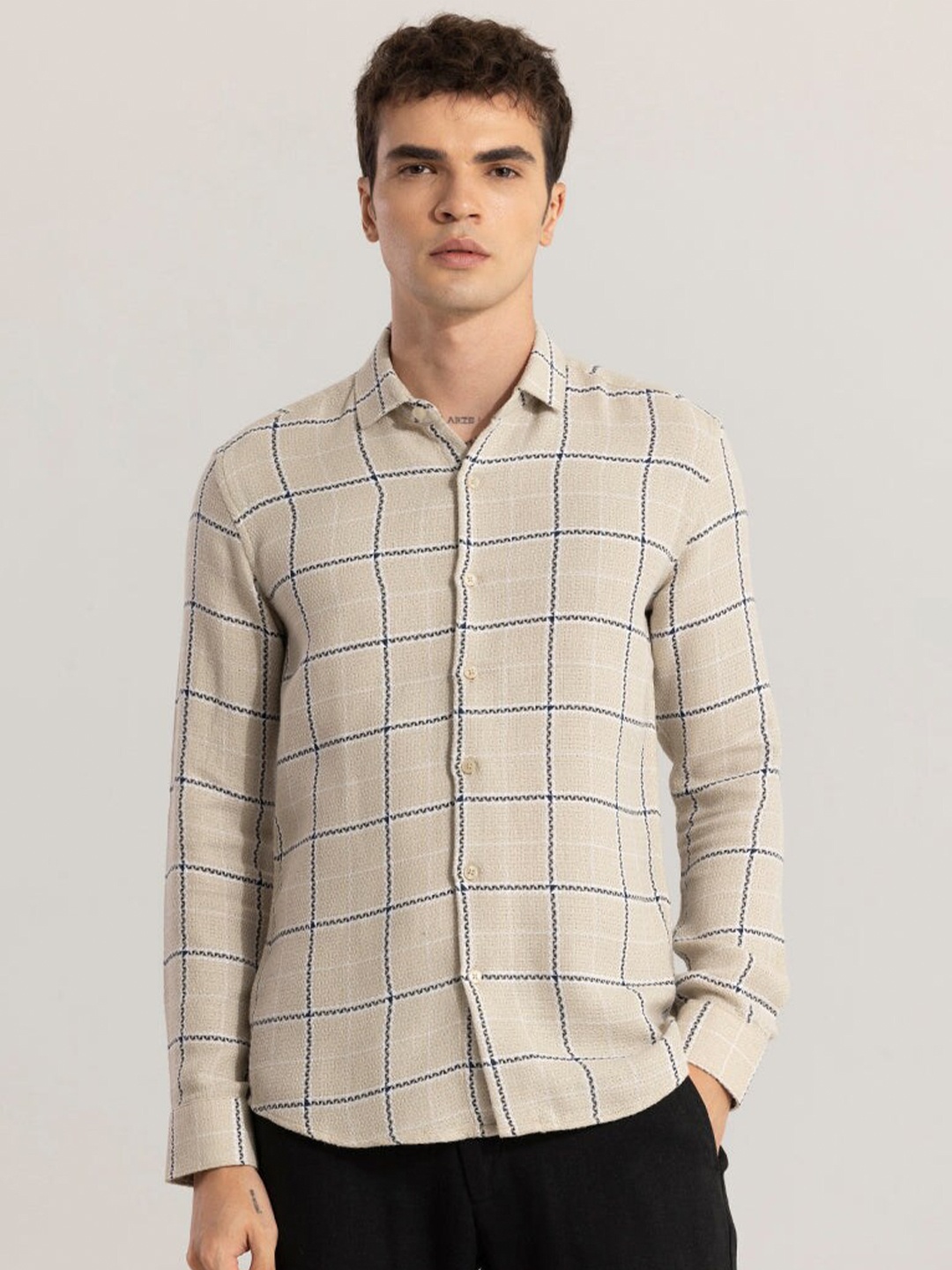 

Snitch Beige Classic Slim Fit Checked Cotton Casual Shirt