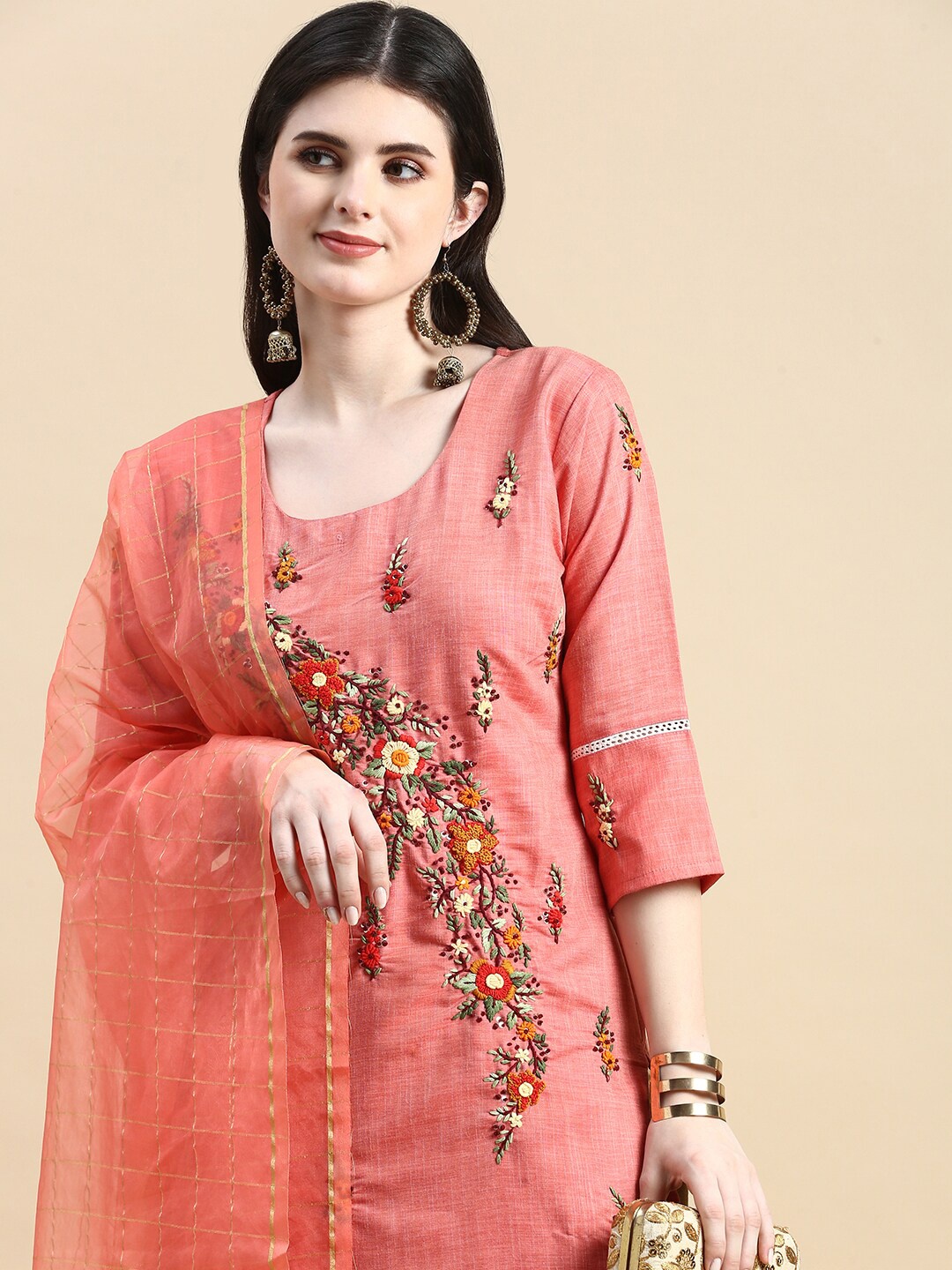 

GRANTH FASHION Floral Embroidered Thread Work Straight Kurta With Dupatta, Pink